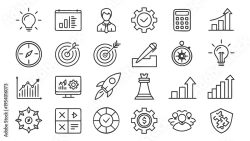 A collection of business and finance icons in a flat, minimal line art style