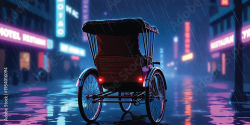 Neon Night City Street with Rickshaw in Rain Cyberpunk Style Vector Illustration