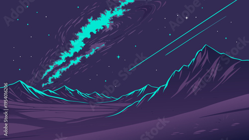 A vibrant vector graphic illustration of a mountain range under a starry night sky with a shooting star
