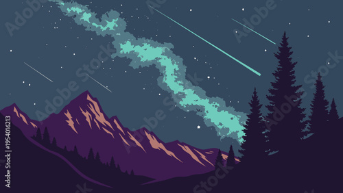 A vibrant vector graphic illustration of a starry night sky with a mountain range and trees under a shooting star display