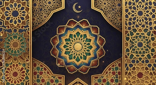 Intricate geometric pattern design with golden ornaments and celestial elements