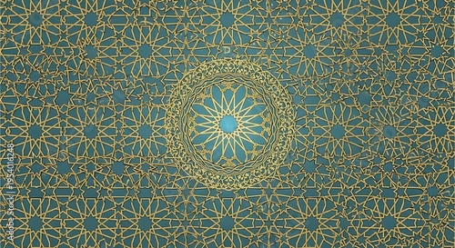 Intricate geometric pattern in teal and gold with central circular design
