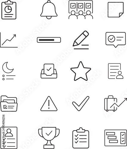 Business vector icon set, clipboard, bell, team, document, graph, pencil, message, star, profile, warning, checkmark, trophy, checklist