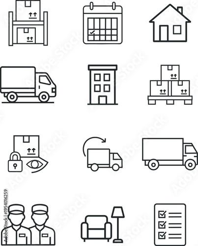 Logistics vector icon set, warehouse shelf, calendar, house, delivery truck, building, pallet boxes, package tracking, return delivery, movers, armchair, checklist