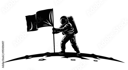 Astronaut Planting Flag on Moon Surface Silhouette