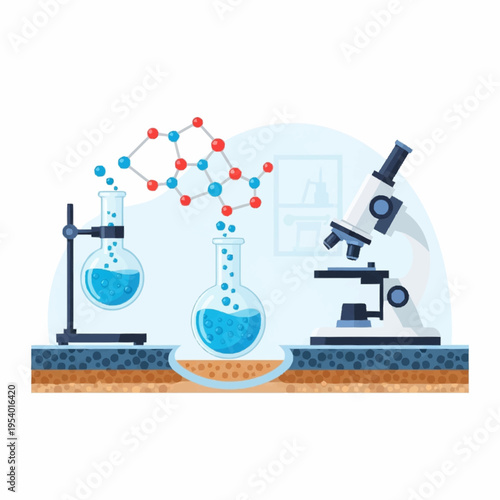 Chemical and molecular biology lab with flasks, a microscope, and molecules emerging from underground.