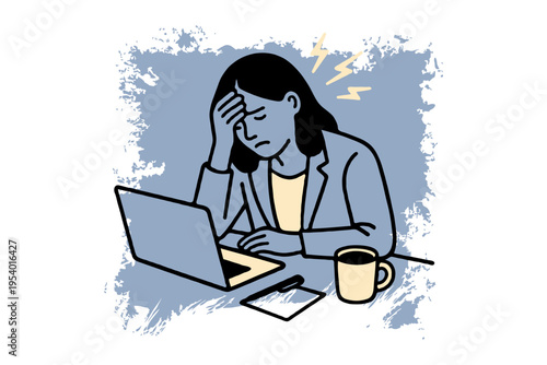 Stressed woman at laptop with hand on forehead, flat graphic style, blue brushstroke background, concept of job burnout and fatigue