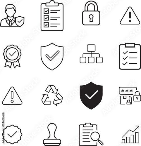 Security vector icon set, user, shield, clipboard, checklist, padlock, warning, alert, badge, checkmark, hierarchy, recycle, password, stamp, audit, growth.