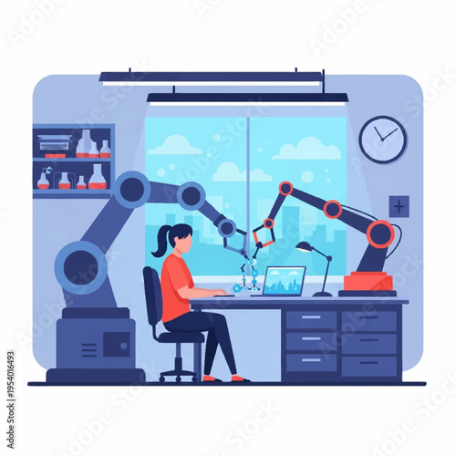 Female scientist working on a laptop while robotic arms precisely manipulate molecules in a modern laboratory.