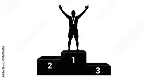 Winner Standing on Podium Silhouette with Arms Raised