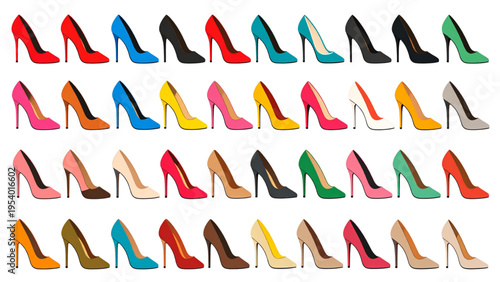 High heel shoes color set with luxury women stiletto pumps, stylish fashion footwear collection, flat CAD vector illustration isolated on white