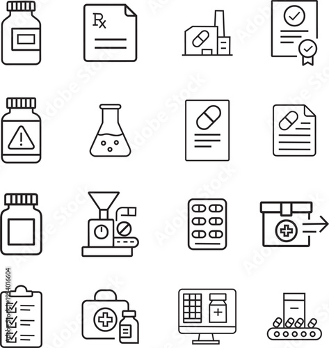 Pharmaceutical vector icon set, pill bottle, prescription, factory, certificate, warning, flask, medical record, production machine, blister pack