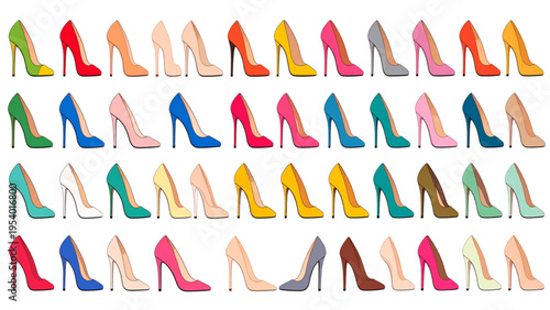 High heel shoes color set with luxury women stiletto pumps, stylish fashion footwear collection, flat CAD vector illustration isolated on white