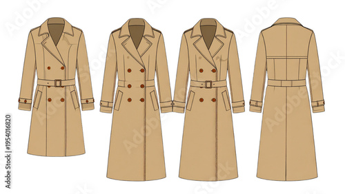 Classic long trench coat design with double breasted front, belted waist and lapel collar, CAD technical fashion sketch, flat vector illustration