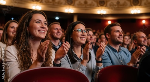 A diverse group of happy people sitting in a theater, clapping and smiling while watching a performance. Audience members in casual clothes seated in red chairs under warm stage lighting.