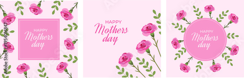 Set of floral Mother's Day cards in pink tones, vector designs with flowers and the inscription Happy Mother's Day for greetings, invitations, posters, social media and holiday printing.