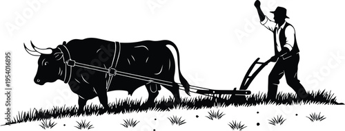 Farmer plowing field with ox silhouette isolated on white background, traditional agriculture concept, rural farming lifestyle, manual cultivation and vintage countryside illustration