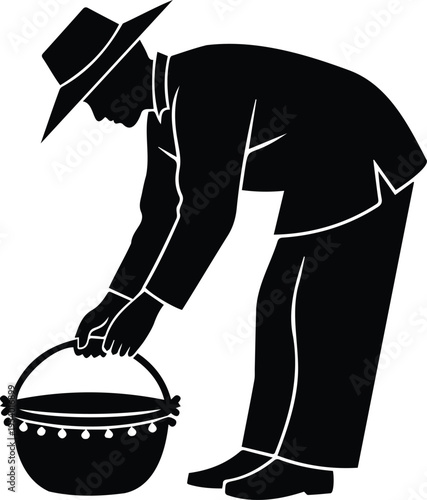 Farmer silhouette bending and holding basket isolated on white background, agriculture harvest concept, rural farming lifestyle, manual labor, countryside worker illustration