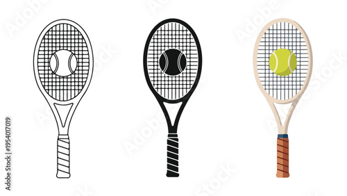 Tennis Racket and Ball Icons - Minimalist, flat icon, outline, glyph, linear, clipart, sticker - icon set