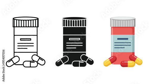 Medicine Bottle Icons with Pills - Line and glyph solid icon and logo template - Clipart, sticker - icon set