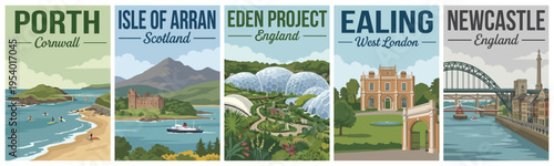 Vintage uk travel poster set. Including porth cornwall, isle of arran scotland, eden project england, ealing west london, and newcastle bridge. Retro vector.