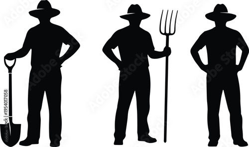 Set of farmer silhouettes with shovel and pitchfork isolated on white background, agriculture worker icons representing rural farming, harvest labor, agrarian lifestyle and countryside profession