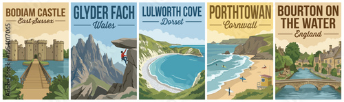 Vintage british united kingdom travel poster set. Including bodiam castle, glyder fach, lulworth cove, porthtowan, and bourton on the water. Retro vector.