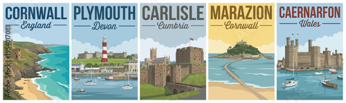Vintage united kingdom travel poster set. Including cornwall, plymouth, carlisle, marazion, and caernarfon. Retro vector.