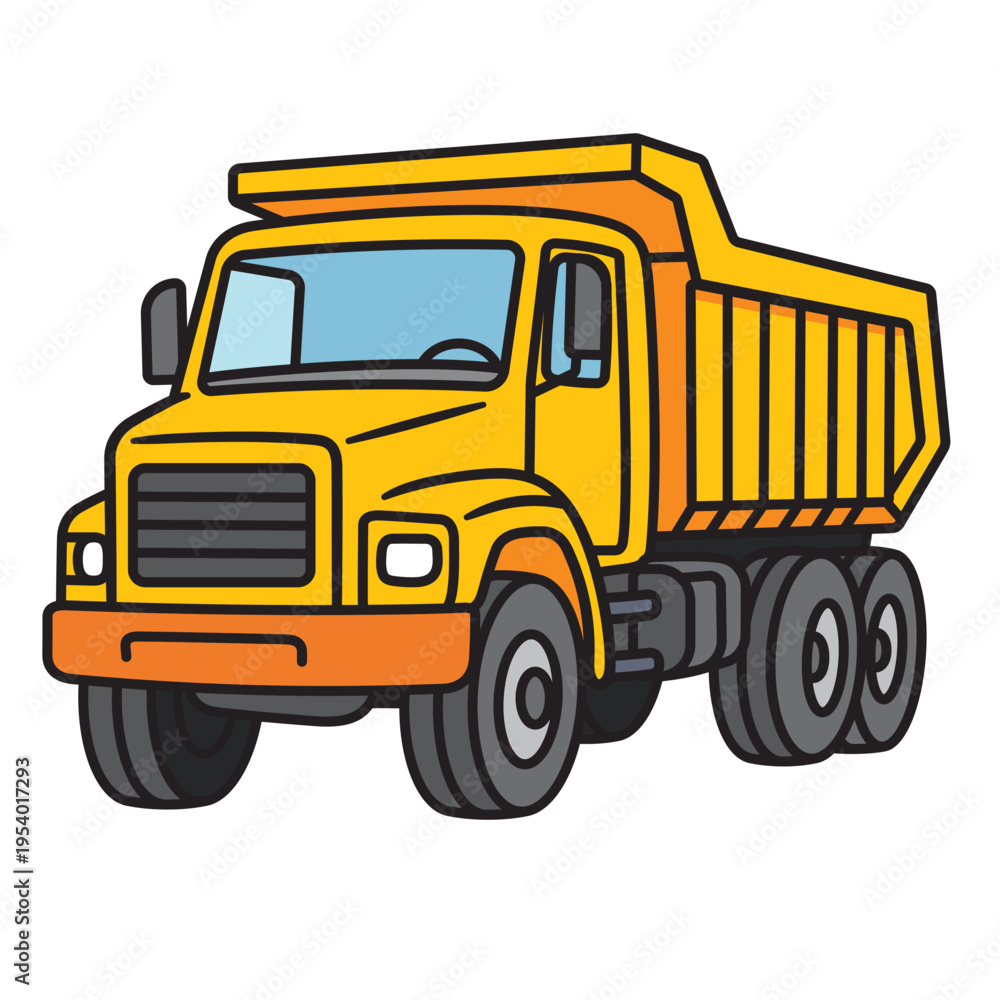 Fototapeta premium Dump truck for transporting construction materials and heavy loads. Used in building projects, mining, and roadwork operations. Cartoon flat illustration isolated on white background
