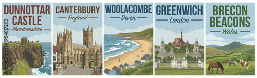 Vintage british united kingdom travel poster set. Including dunnottar castle, canterbury, woolacombe, greenwich, and brecon beacons. Retro vector illustration.
