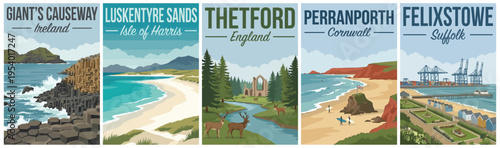 Vintage british and irish travel poster set. Including giants causeway, luskentyre sands, thetford, perranporth, and felixstowe. Retro vector illustration.