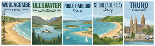 Vintage british united kingdom travel poster set. Including woolacombe, ullswater, poole harbour, st brelades bay, and truro. Retro vector landscape illustration.