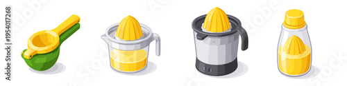 Collection of four different citrus juicers and fresh juice in isometric view