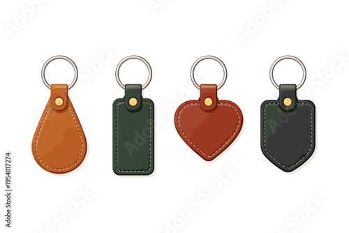 Collection of four leather keychains in different shapes and colors with metal rings