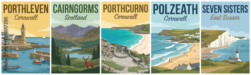 Vintage british united kingdom travel poster set. Including porthleven, cairngorms, porthcurno, polzeath, and seven sisters. Retro vector landscape illustration.