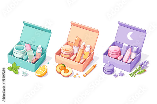 Three open makeup boxes filled with beauty products and surrounded by fruits and herbs