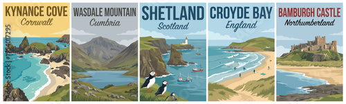 Vintage british united kingdom travel poster set. Including kynance cove, wasdale mountain, shetland, croyde bay, and bamburgh castle. Retro vector art.