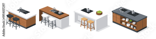 Modern kitchen islands with sinks, stovetops, and seating in isometric view