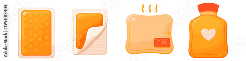 Collection of warming pads and hot water bottle for pain relief and comfort