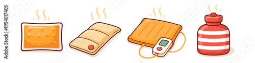 Collection of warming devices for comfort and pain relief, illustrated in cartoon style
