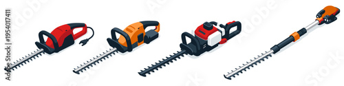 Collection of four different hedge trimmers with blades on a white background