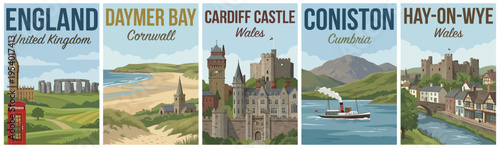 Vintage british united kingdom travel poster set. Including england stonehenge, daymer bay, cardiff castle, coniston, and hay on wye. Retro vector.