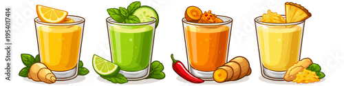 Four colorful healthy shots of juice with fresh ingredients and garnishes
