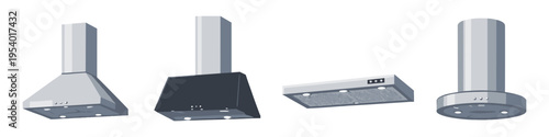 Collection of four modern kitchen range hoods in various styles and colors