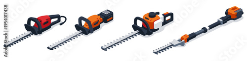 Collection of electric and gas hedge trimmers and pole pruner on white background