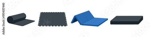 Collection of different types of exercise and gym mats on a white background
