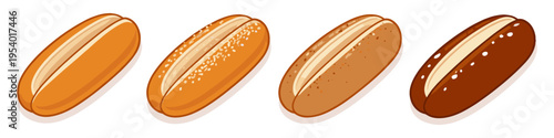 Collection of four different types of hot dog buns, illustrated in a cartoon style