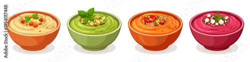 Four colorful bowls of hummus with various toppings and garnishes