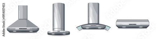 Collection of four modern kitchen range hoods in various styles and designs