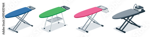 Collection of colorful ironing boards with different designs and features